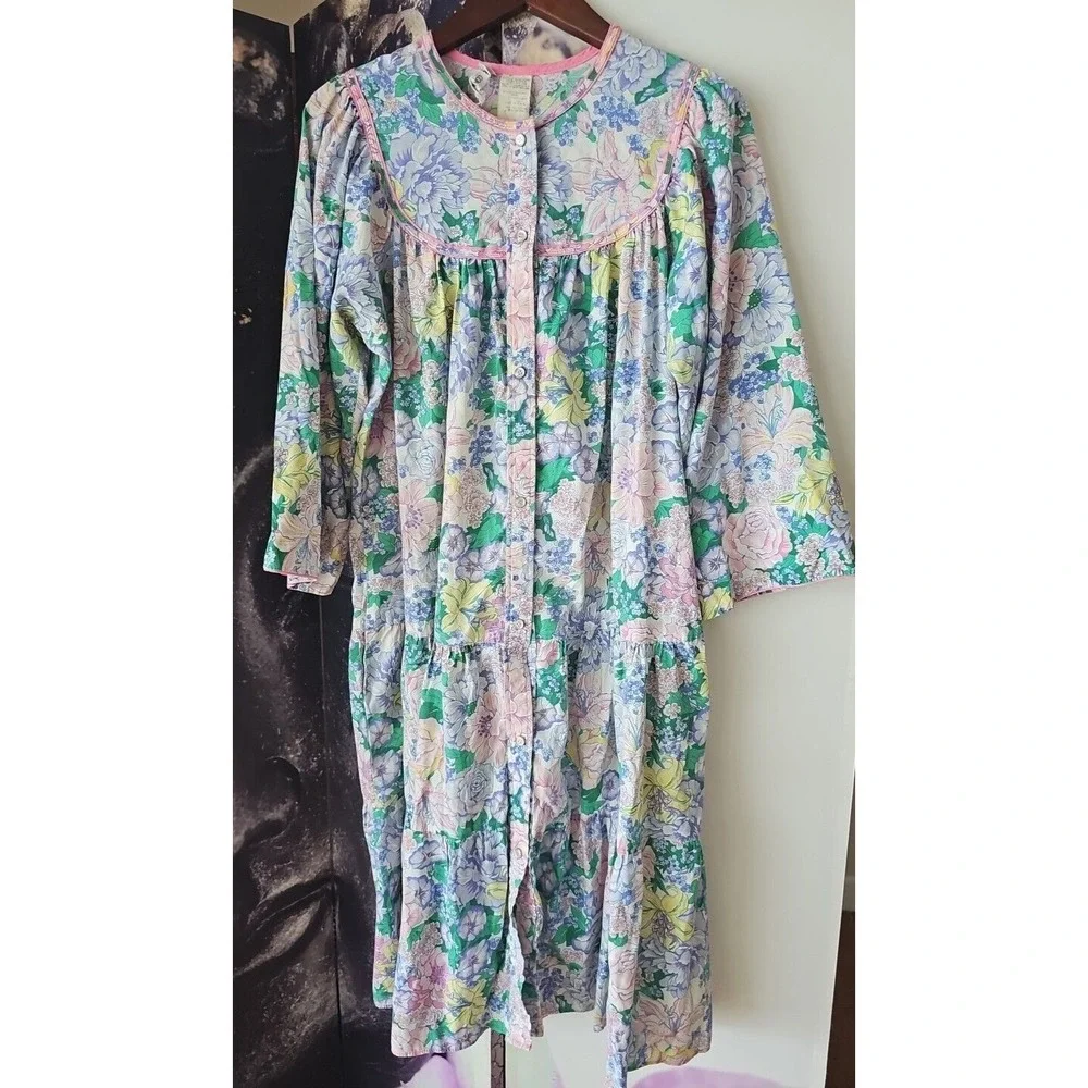 Vintage 80s Models Coat Nightgown Floral Patio‎ House Dress MuuMuu Snap Front 14